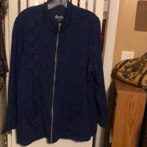 d & co Denim + Company Navy Blue Eyelet Lace Full Zip and Lining Mock Neck